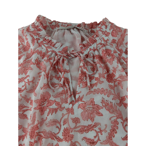 Loft Womens Pink White Floral Short Flutter Sleeve Blouse Lined Ruffle XS - Picture 3 of 9